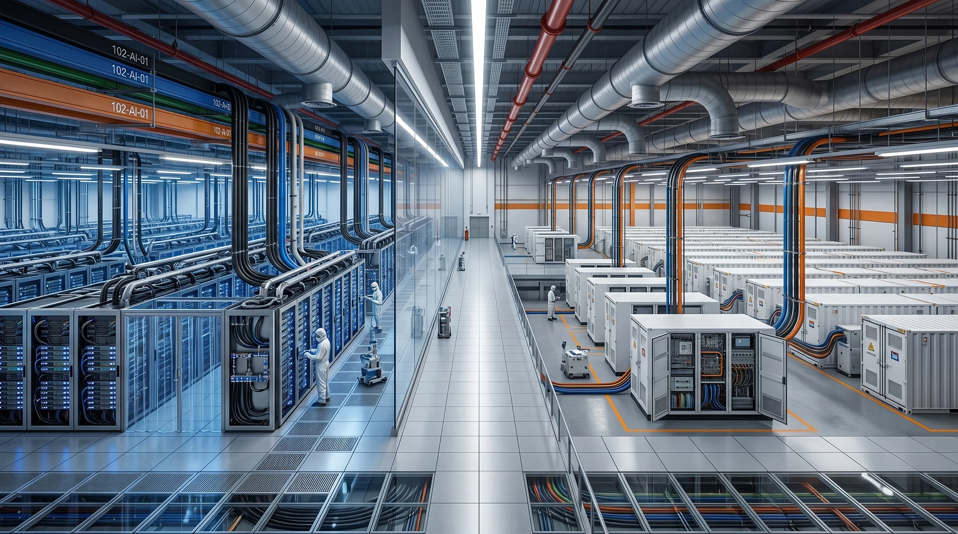 AI data center interior with server racks and BESS power infrastructure