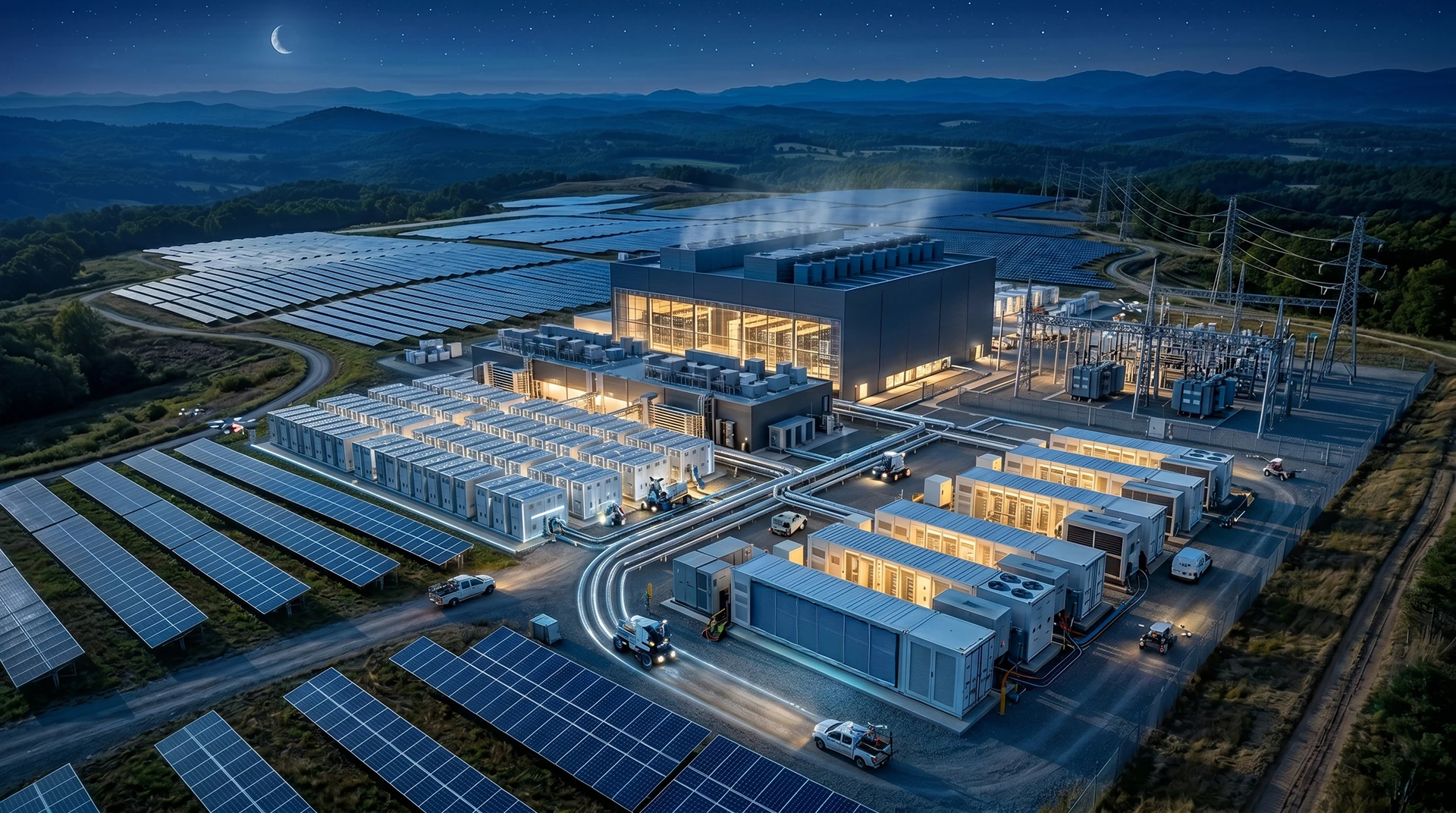 PowerBank data center exterior at night — solar, storage, and substation